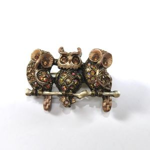 Triple Owl Pin, AB Rhinestones, Brooch, Gift Idea